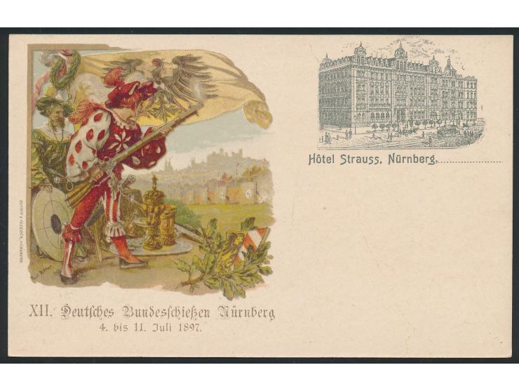 Privatganzsache 5 Pf. Rauten,  XII. Deutsches Bundesschießen Nürnberg  ...1897, mit  Bildzudruck "Hôtel Strauss"  bildseitig 