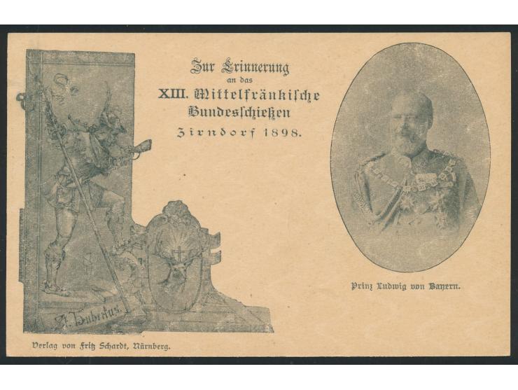 Zirndorf, XIII. Mittelfränkisches Bundesschießen 1898,  Frech C 33 (Z) / 02, ungebraucht
Stichwörter: Sport / Olympiade, Volk