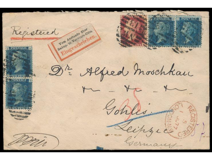 1 d. (Platte 193) und 4 x 2 d. (Platte 14) auf Einschreibbrief mit Stempel NW 13 und Registered London 1.6.77 an Alfred Mosch