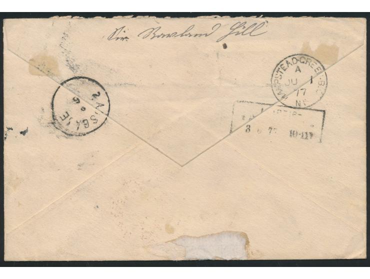 1 d. (Platte 193) und 4 x 2 d. (Platte 14) auf Einschreibbrief mit Stempel NW 13 und Registered London 1.6.77 an Alfred Mosch