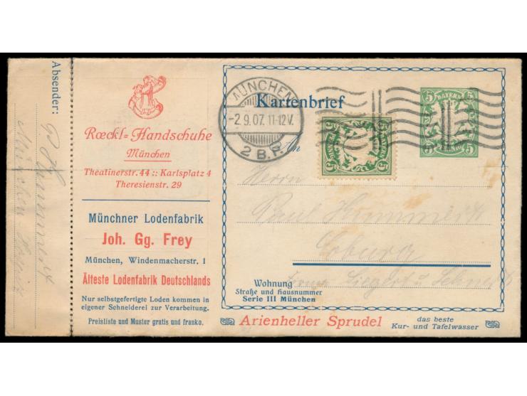 Anzeigen-Kartenbrief  5 Pf.,  Serie III München,  Strahlenberg / Mette  E 1 / 03,  mit Zusatzfrankatur 5 Pf., Maschinenstempe