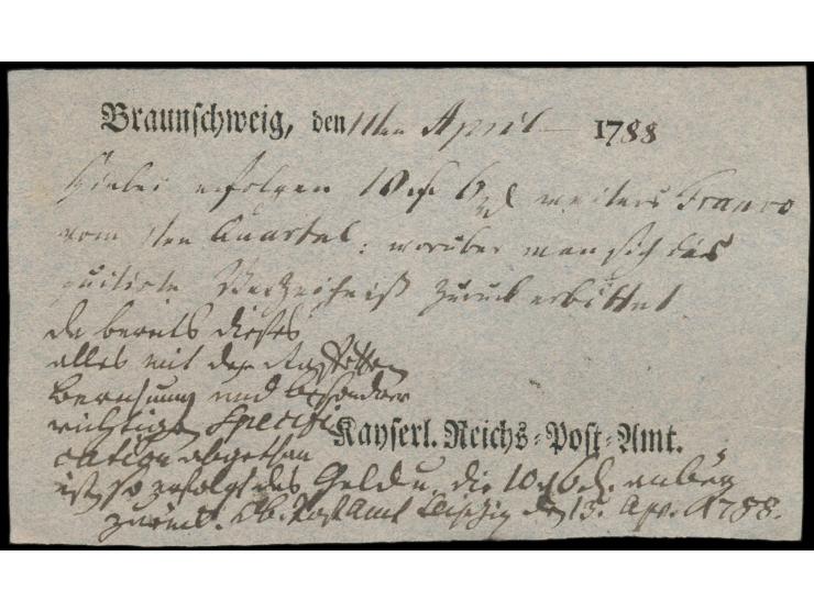 Kaiserliche Reichspost,  Postschein mit Ortseindruck  Braunschweig  vom 11. April 1788 für eine Geldsendung nach Leipzig und 