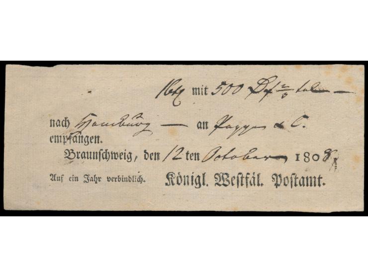 Königreich Westphalen, &nbsp;seltener &nbsp;&nbsp;Postschein des &nbsp;Postamt Braunschweig &nbsp;für eine Geldsendung nach H