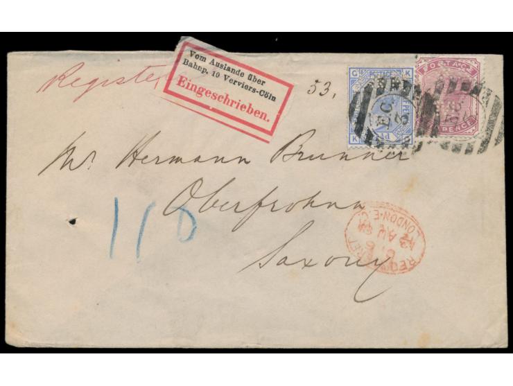 Ausgabe 1880: 2 d. und 2 1/2 d. mit Firmenlochung (J. &amp; R. Morley) auf Einschreibbrief von  London E.  C. 3  12.8.81 nach