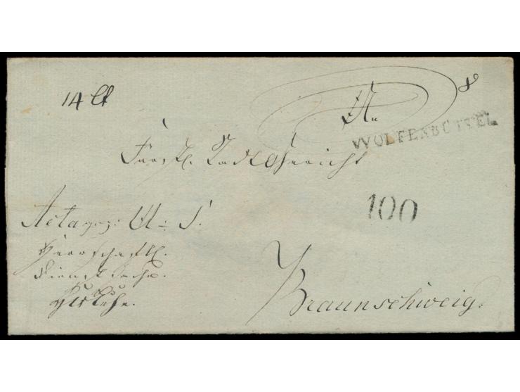 Faltbrief "Herrschaftl. Dienstsache" mit L1  Wolfenbüttel  und  Zahlstempel "100"  nach Braunschweig, ca. 1817, ohne Inhalt
P