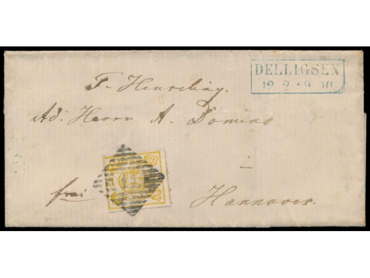 1 Sgr mit  Nummernstempel 11  und blauem R2  Delligsen  auf Faltbriefhülle nach Hannover, Durchgangsstempel Alfeld, Ankunftst