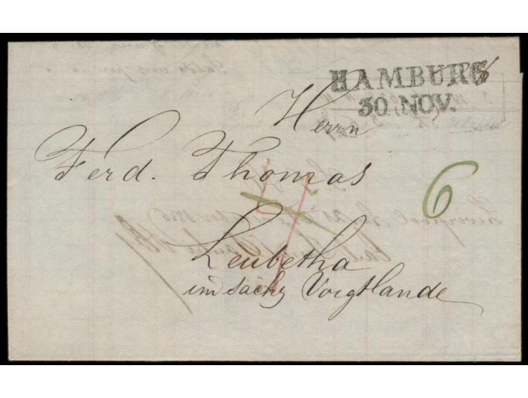 Faltbrief aus  Liverpool  vom 21.11.1836 nach Leubetha in Sachsen, rückseitig L1  "Befördert durch Aug. Courvoisier"  und Auf