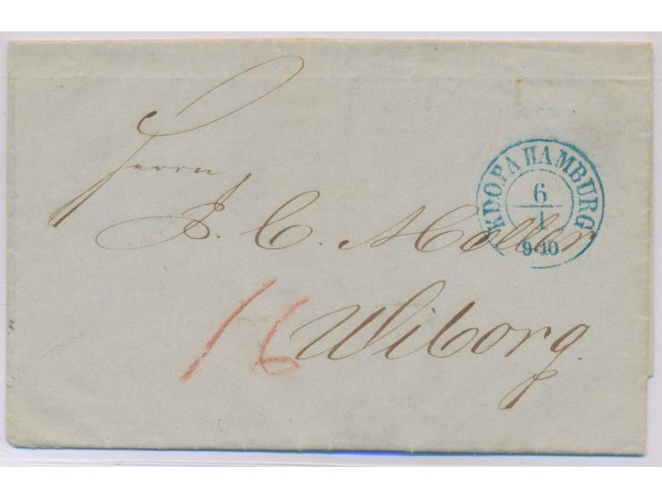 Dänisch. O.P.A.: blauer K2  K.D.O.P.A. Hamburg  6.1.(1852) auf Faltbrief  nach Wiborg / Finnland,  rote Portoziffer "16", mit