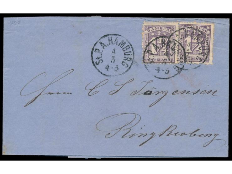 2 x 1 1/4 S. dunkelviolett auf Faltbrief nach Ringkjöbing / Dänemark, Stempel St. P. A. Hamburg 4.5.(1865), rückseitig Briefk