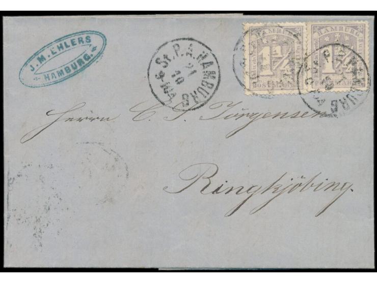 2 x 1 1/4 S. dunkelgraupurpur auf Faltbrief nach Dänemark, Stempel St. P. A. Hamburg 21.10.(1865), rückseitig Briefkastenstem