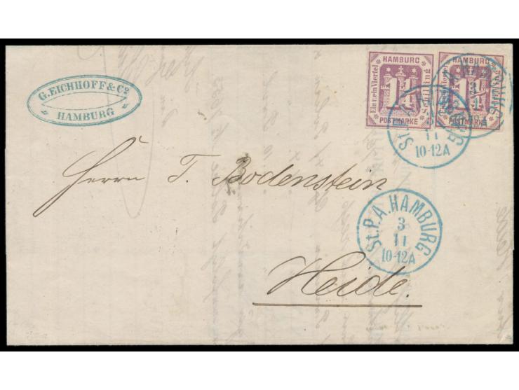 2 x 1 1/4 S. durchstochen (1866) auf Faltbrief mit hellblauem Stempel  St.P.A. Hamburg  3.11.(1866) nach Heide, rückseitig Br