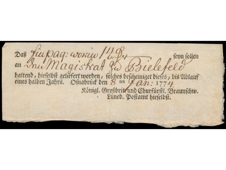 8.1.1774: Postschein  "Königl. Großbrit. und Churfürstl. Braunschw. Lüneb. Postamt hieselbst"  mit Ortseindruck  Osnabrück,  