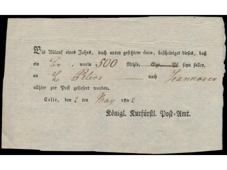 Postschein  "Königl. Kurfürst. Post-Amt"  mit Ortseindruck  Celle , 2. Mai 1802, für eine Geldsendung nach Hannover
Postleitz