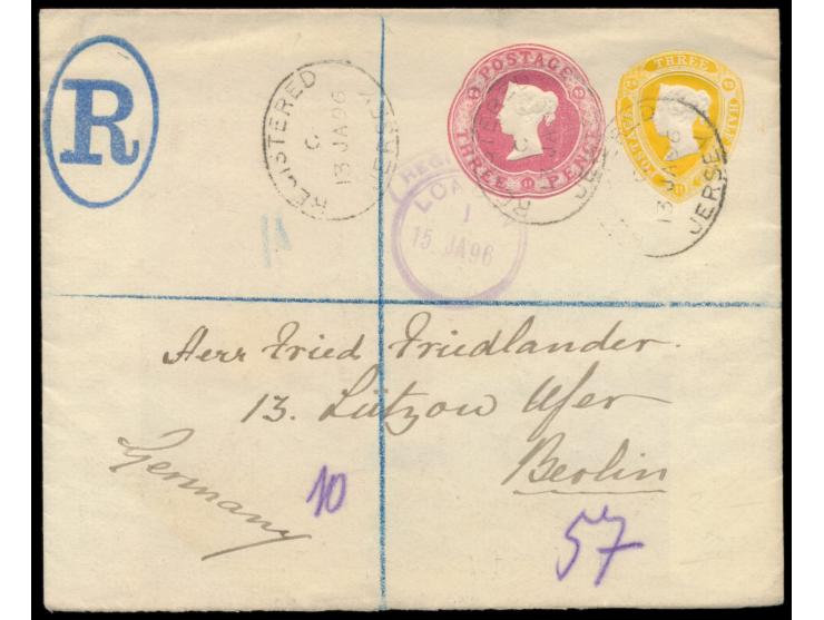 Privat-Ganzsachenumschlag mit zwei Wertstempeln 1 1/2 d. gelb und 3 d. rot (beide mit Datum) als  Einschreiben  nach Deutschl