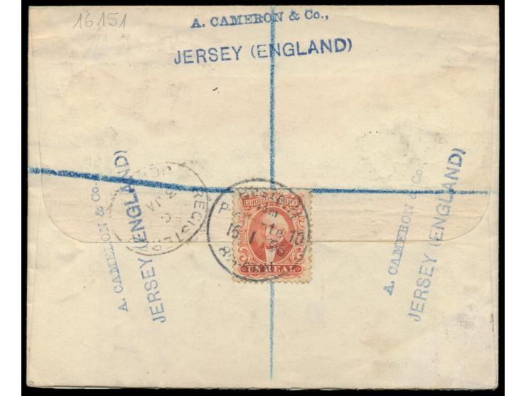 Privat-Ganzsachenumschlag mit zwei Wertstempeln 1 1/2 d. gelb und 3 d. rot (beide mit Datum) als  Einschreiben  nach Deutschl