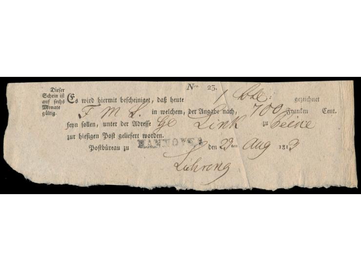 Königreich Westphalen,  Postschein mit französischer Wertangabe "Franken / Cent", schwarzer L1  Hannover,  Datum 23.8.1813
Po
