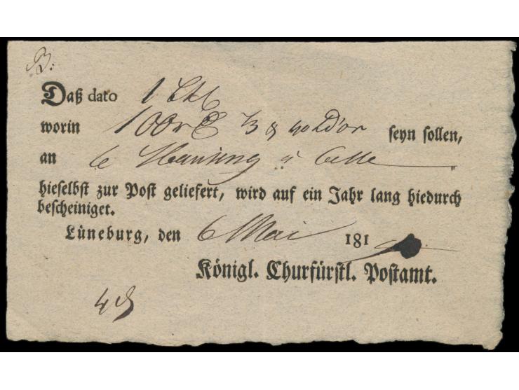 Postschein  "Königl. Kurfürst. Post-Amt"  mit Ortseindruck  Lüneburg,  6. Mai 1814, für eine Geldsendung nach Celle
Postleitz