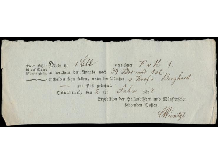 Fahrpost-Einlieferungsschein der &nbsp;&quot;Expedition der Holländischen und Münsterschen fahrenden Posten, &nbsp;&nbsp;Osna