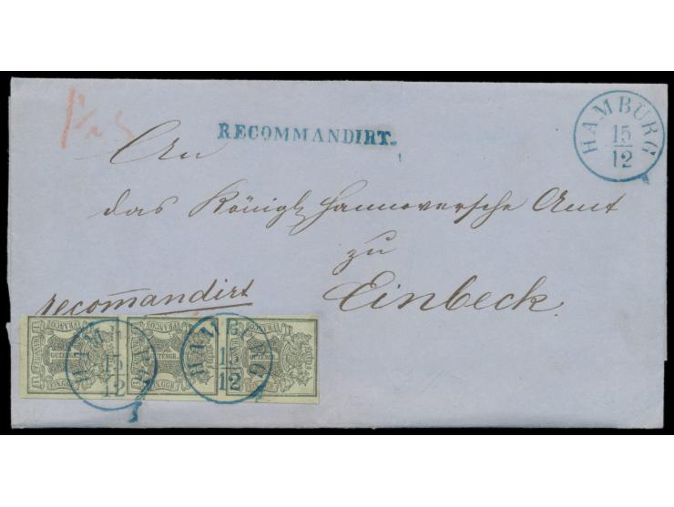 senkrechter Dreierstreifen 1 Ggr.  (vollrandig) auf Faltbriefhülle mit blauem Stempel  Hamburg  15.12. und L1  Recommandirt  