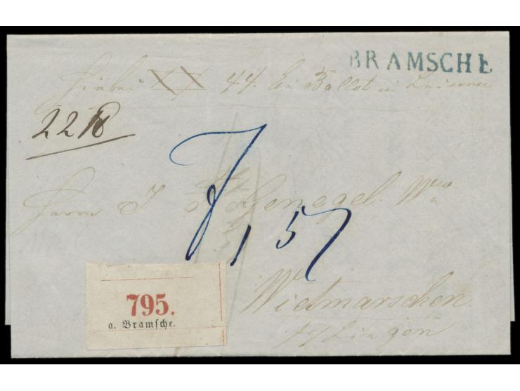 Paketbegleitbrief  mit blauem L1  Bramsche  nach Wietmarschen bei Lingen, blauer Taxvermerk "7,5", mit Inhalt (Rechnung) vom 