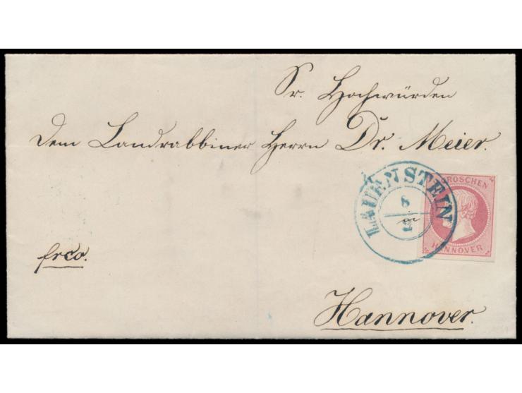 1 Gr., vollrandig, auf Briefhülle mit handschriftlichem Absender Moritz Hollander, Salzhemmendorf 8.2.64f, blauer Stempel  La