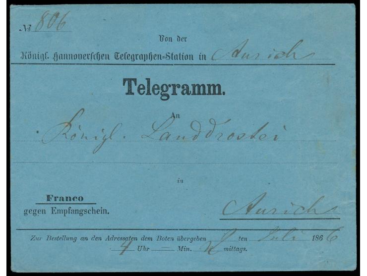 blauer  Telegramm-Umschlag  von der Königl. Hannoverschen Telegraphen-Station in Aurich an die Königl. Landdrostei in Aurich,