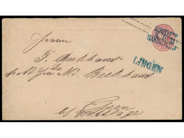 Preußen:  Ganzsachenumschlag 1 Sgr. mit blauem Bahnpost-L3  Emden 6.10. II Hannover  und Aufgabe-L1  Lingen  nach Essen, Ausg