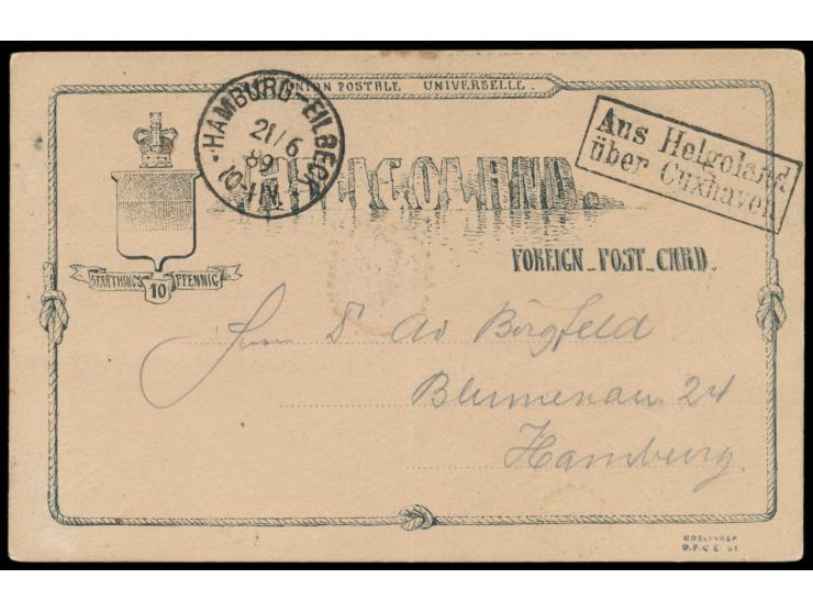 Ganzsache 10 Pf. mit R2  Aus Helgoland über Cuxhaven  nach Hamburg, Ankunftstempel Hamburg-Eilbeck 21.6.89, schwacher senkrec