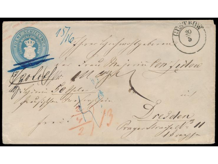 Ganzsachenumschlag 5 Sgr &nbsp;als &nbsp;Geldbrief &nbsp;nach Dresden, Inhaltsangabe "Hierin 50 Thaler Preußischer Kassensche