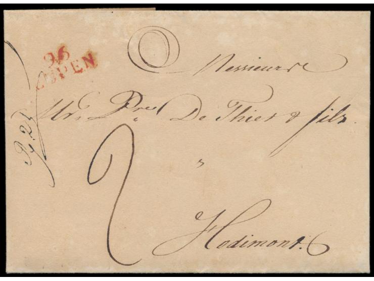 roter  Département-Stempel 96 Eupen  auf Faltbrief nach Hodimont, mit komplettem Inhalt vom 21.1.1809
Stichwort: Belgien
