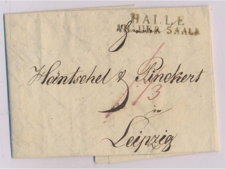 Königlich Westphälische Post,  Faltbrief mit L2  Halle / An der Saale  nach Leipzig, roter Portovermerk, mit komplettem Inhal
