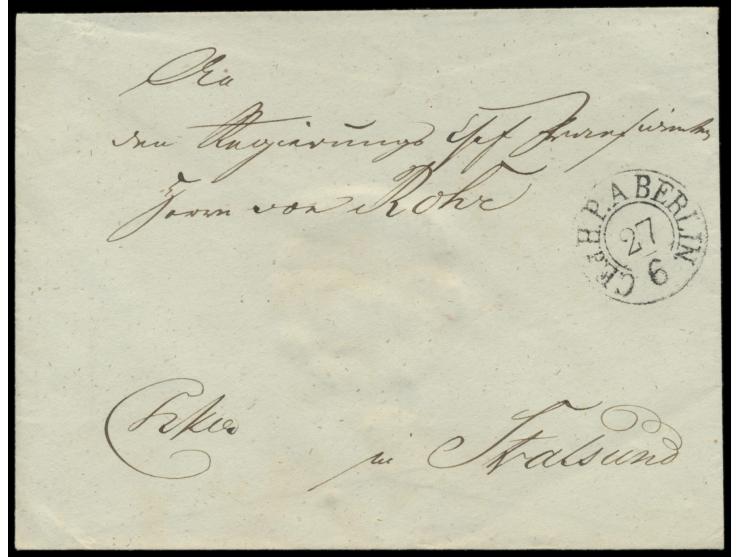 Zweikreisstempel des Kabinetts-Postamt  C. E. d. H. P. A. Berlin  27.6. auf Umschlag nach Stralsund, rückseitig rotes Lacksie