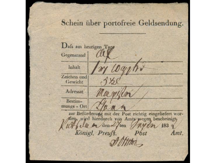 Postschein  "Schein über portofreie Geldsendung",  handschriftlich  "Potsdam,  27.9.1839"
Postleitzahl: 144
