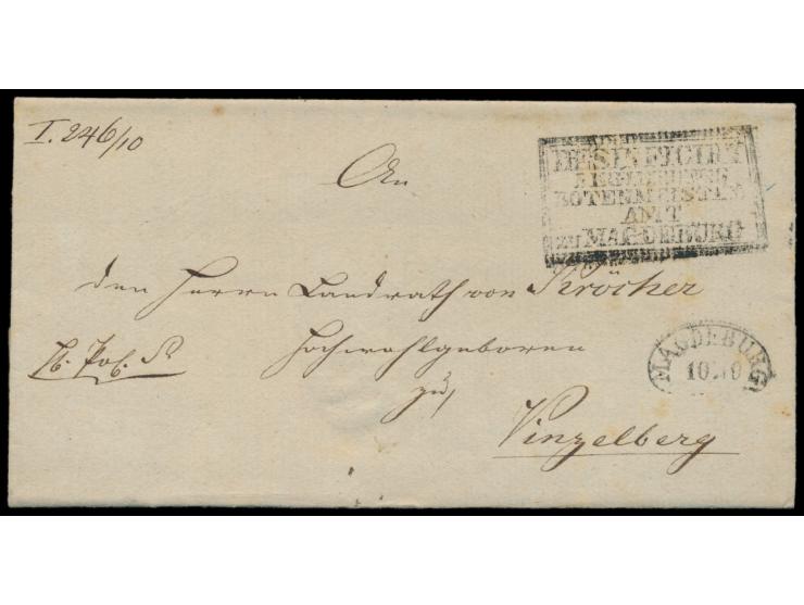 Dienstbriefhülle mit Stempel  Magdeburg  10.10.(1831) nach Vinzelburg, seltener Sanitätsstempel R5  Desinficirt / Regierung /