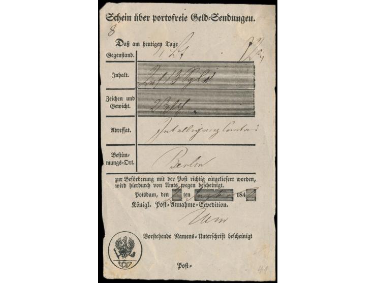 Schein über portofreie Geldsendung  mit Ortseindruck  Potsdam,  2.12.1840
Postleitzahl: 144
