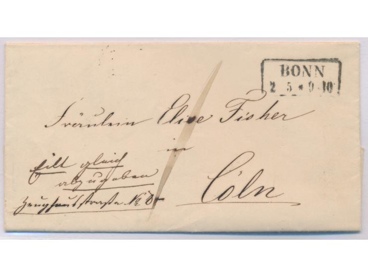 R2 Bonn 2.5.  (1851) auf  mit komplettem Inhalt nach Köln, handschriftlich: "Eilt, gleich abzugeben", Ankunftsstempel St. P. 