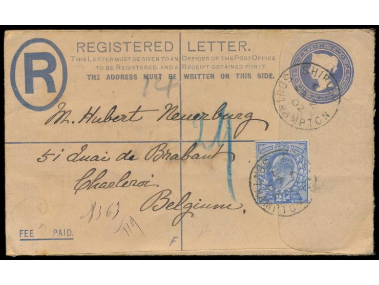 2 1/2 d. King Eduard &nbsp;als Zusatzfrankatur auf R-Ganzsachenumschlag 2 d. Queen Victoria nach Belgien, Stempel Shipley Sou