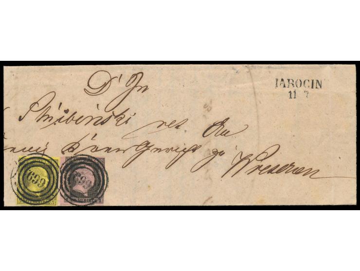 1 Sgr. und 3 Sgr. (beide vollrandig) mit  Nummernstempel 669  und L2  Jarocin  11.7.(1851) auf Post-Insinuations-Dokument nac