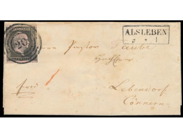 1 Sgr (vollrandig) auf Faltbrief mit  Nummernstempel 20  und R2  Alsleben  9.9.(1851), nach Lobendorf bei Cönnern, mit komple