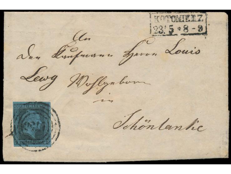 2 Sgr. (vollrandig) mit seltenem &nbsp;Nummernstempel 1758 &nbsp;und R2 &nbsp;Kotomierz &nbsp;23.5.(1854) auf Faltbrief nach 