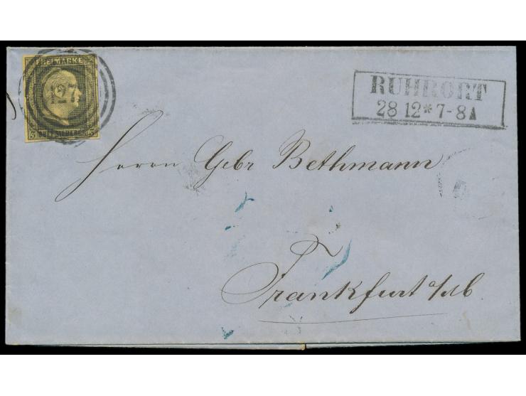 3 Sgr. (vollrandig) mit  Nummernstempel 1272  und R2  Ruhrort  28.12.(1855) auf Faltbrief-Hülle nach Frankfurt, Ankunftstempe