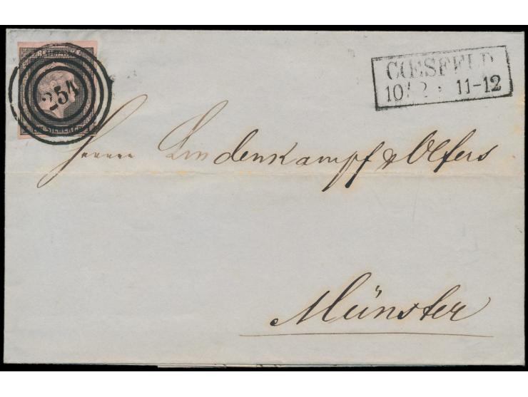 1 Sgr. (vollrandig) mit  Nummernstempel 254  und R2  Coesfeld  10.2.(1857) auf Faltbriefhülle nach Münster, Ankunftstempel 10