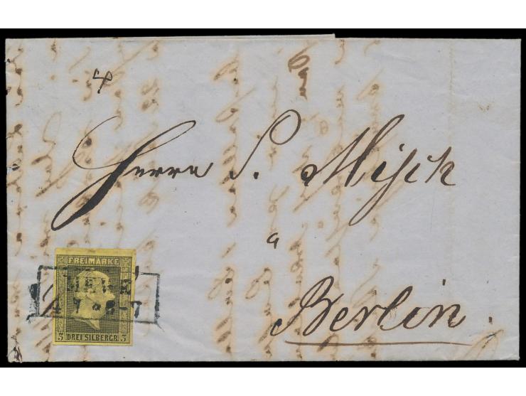 3 Sgr. (vollrandig) auf Faltbrief nach Berlin, entwertet mit R2  Mewe  4.7.(1859), Entwertung mit  Ortsstempel auf 1. Ausgabe