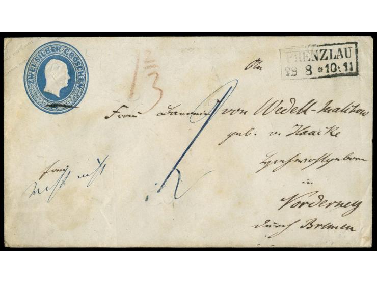 Ganzsache 2 Sgr. mit R2 Prenzlau 29.8.  nach Norderney  "durch Bremen",    handschriftlich  "reicht nicht" ,   roter Vermerk 