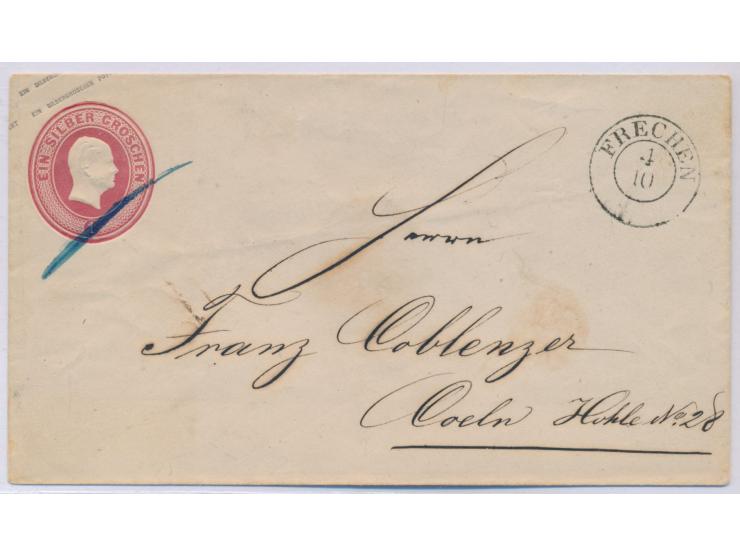 Ganzsache 1 Sgr mit K2  Frechen  4.10. nach Coeln, Ausgabestempel 5.10.
Postleitzahl: 502
