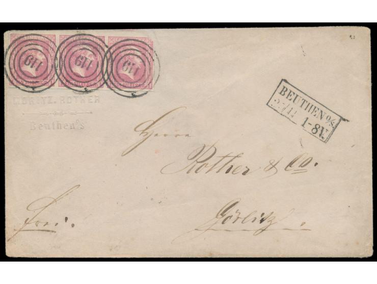 waagerechter Dreierstreifen 1 Sgr (rechte Marke kleiner Eckfehler, sonst vollrandig) mit  Nummernstempel 119  und R2  Beuthen