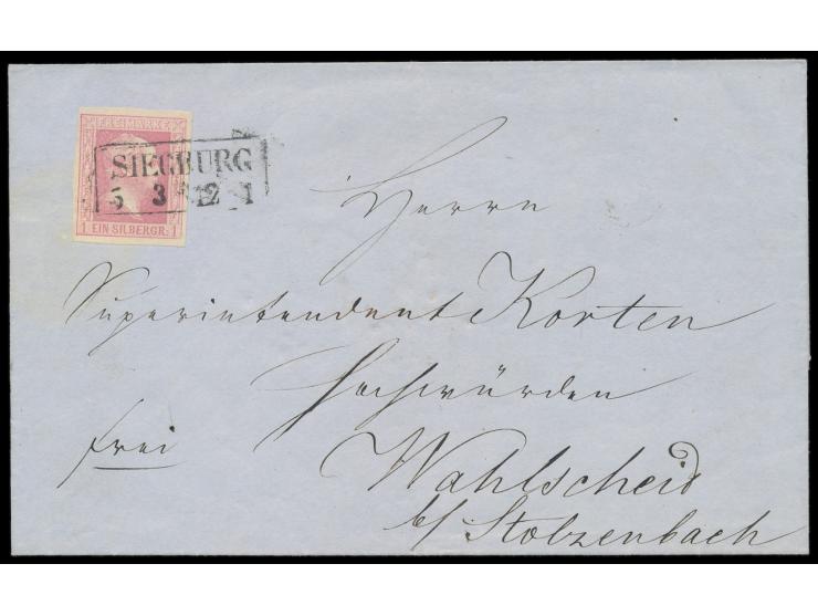 1 Sgr.  glatter Grund  (vollrandig) mit R2  Siegburg  5.3. auf Faltbriefhülle nach Wahlscheid bei Stolzenbach, Ankunftstempel