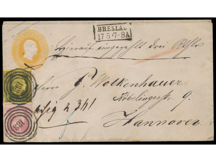 Ganzsachenumschlag 3 Sgr mit Zusatzfrankatur 3 Sgr (Ausgabe 1850) und 1 Sgr (glatter Grund, Ausgabe 1857) mit Nummernstempel 