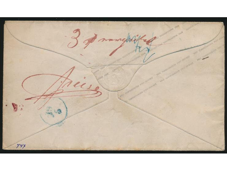 Ganzsachenumschlag 3 Sgr mit Zusatzfrankatur 3 Sgr (Ausgabe 1850) und 1 Sgr (glatter Grund, Ausgabe 1857) mit Nummernstempel 