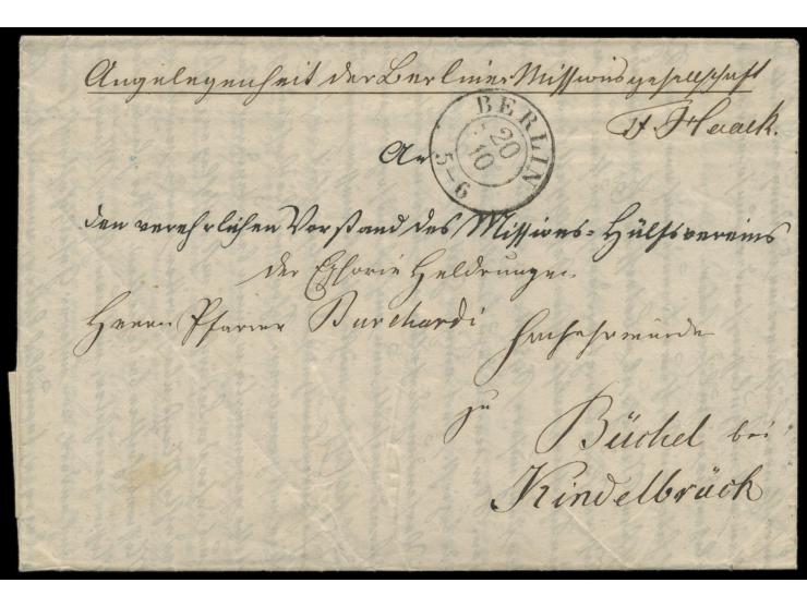 Angelegenheit der Berliner Missionsgesellschaft,  portofreier Brief mit Stempel Berlin 20.10.(58) nach Büchel bei Kindelbrück